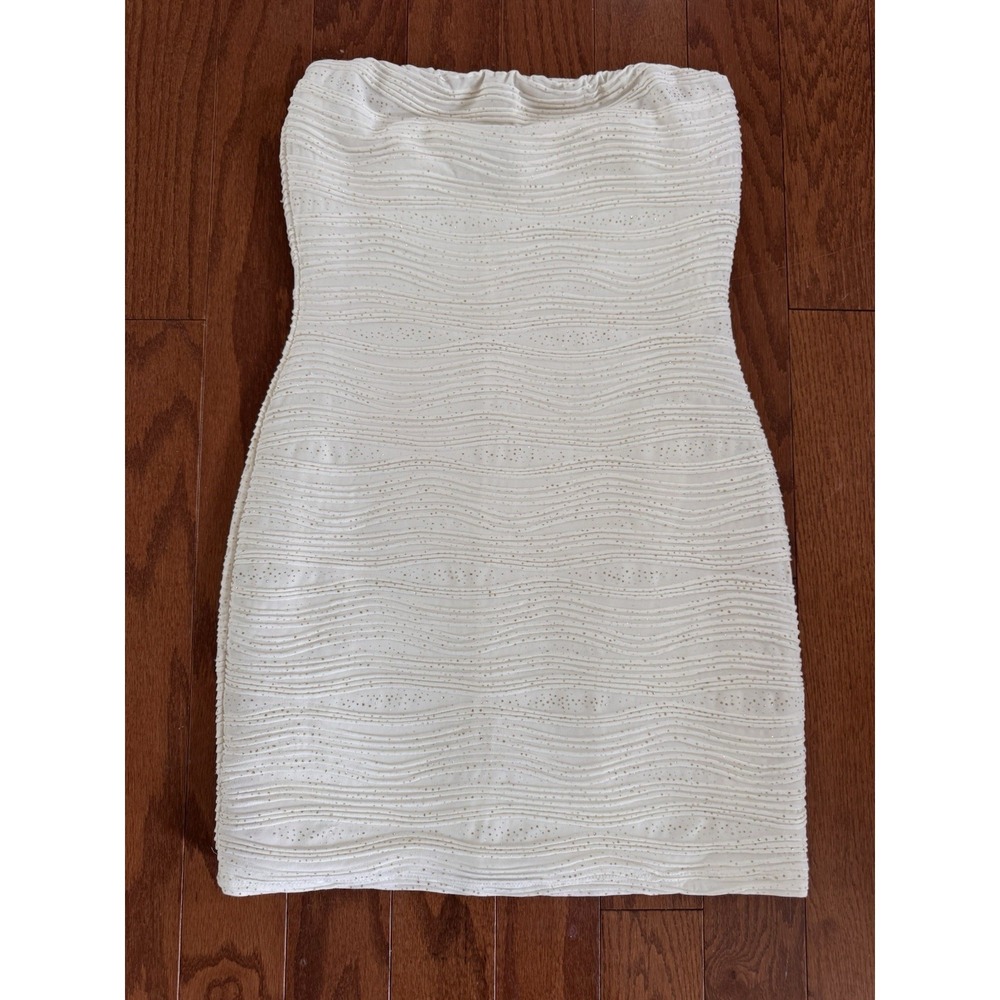 VTG Deb Ivory Strapless Dress M Textured Bodycon Glitter Tube Party Mini